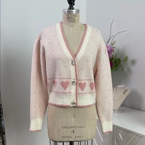 NWT Mable Pink Heart & Polka Dot Patterned Jeweled Button Sweater Cardigan